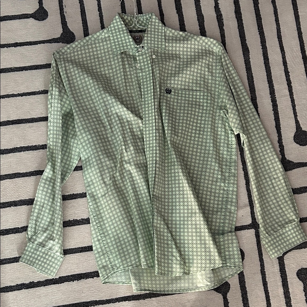 Cinch Light Green Geometric Button Down Shirt